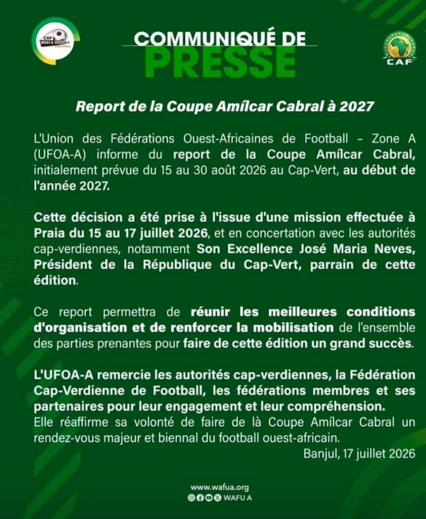 Logo de l'UFOA-A illustrant l'annonce du report de la Coupe Amilcar Cabral au début de l'année 2027.