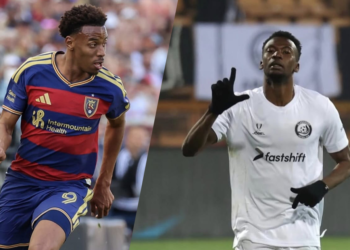 Momo Fanyé Touré célèbre son but avec le FC Alashkert tandis que Morgan Guilavogui dispute un match sous les couleurs du Real Salt Lake.