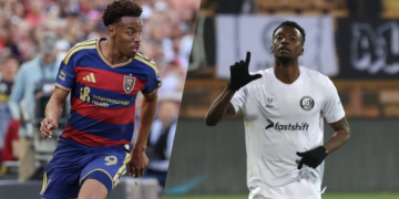 Momo Fanyé Touré célèbre son but avec le FC Alashkert tandis que Morgan Guilavogui dispute un match sous les couleurs du Real Salt Lake.
