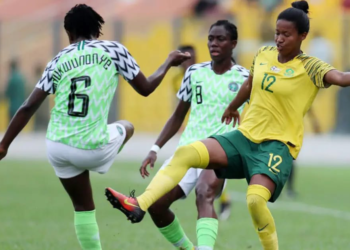 Les joueuses de l’Afrique du Sud célèbrent leur victoire 2-1 contre le Nigeria en demi-finale de la CAN féminine 2026.