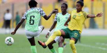 Les joueuses de l’Afrique du Sud célèbrent leur victoire 2-1 contre le Nigeria en demi-finale de la CAN féminine 2026.