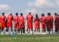 Les joueurs du Syli National lors de leur première séance d’entraînement à Johannesburg.