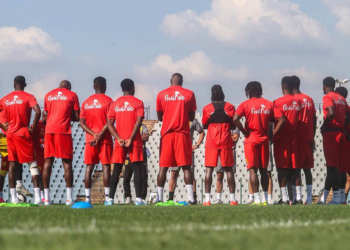 Les joueurs du Syli National lors de leur première séance d’entraînement à Johannesburg.