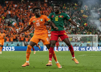 Les Éléphants de Côte d’Ivoire face aux Lions Indomptables du Cameroun à Ebimpé.