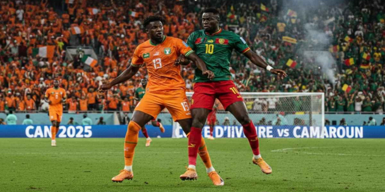 Les Éléphants de Côte d’Ivoire face aux Lions Indomptables du Cameroun à Ebimpé.