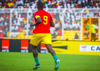Serhou Guirassy célèbre son but lors de la victoire du Syli National face au Kenya.
